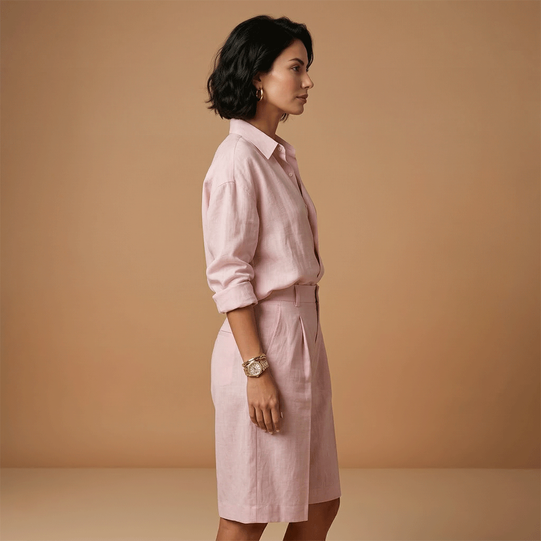 Stylish women's summer fashion set with a comfortable long sleeve shirt and pleated high-waist shorts.