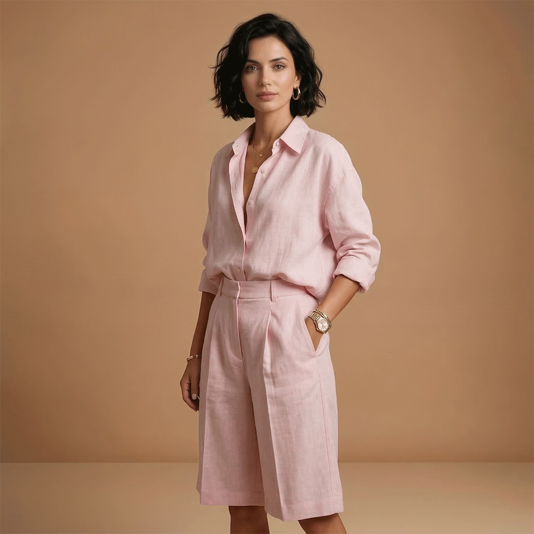 Comfortable women's travel wear: a long sleeve top and high-waist shorts set, designed for casual outings.