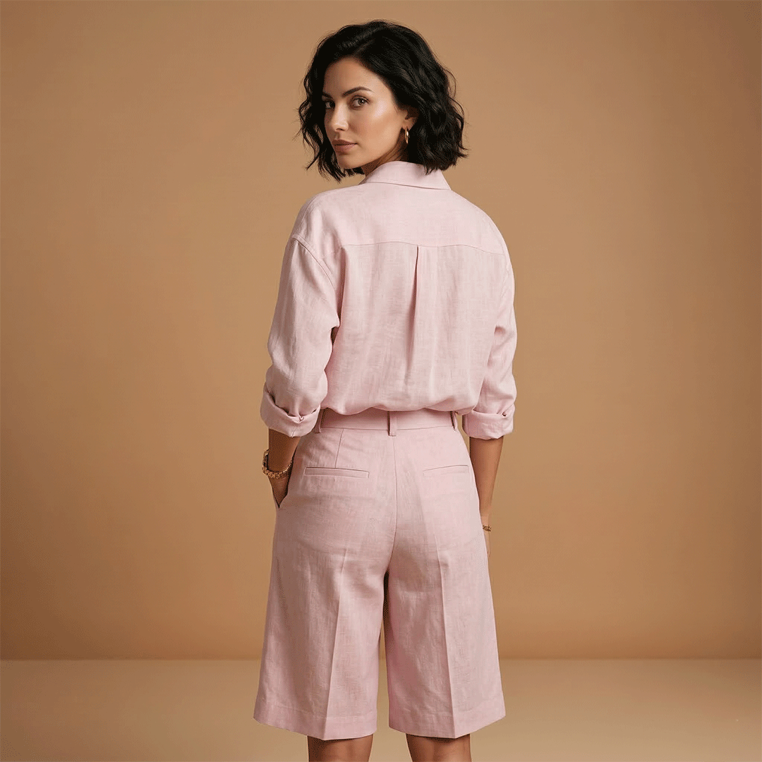 Relaxed women's long sleeve shirt and high waist shorts set, a versatile two-piece for casual and leisure wear.