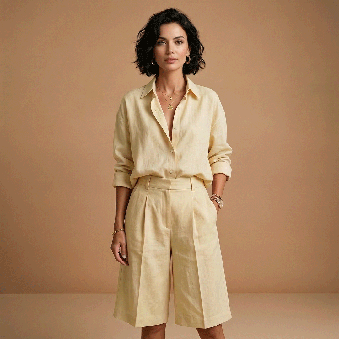 Women's comfortable two-piece clothing set, featuring a casual long sleeve shirt and stylish high-waisted shorts.