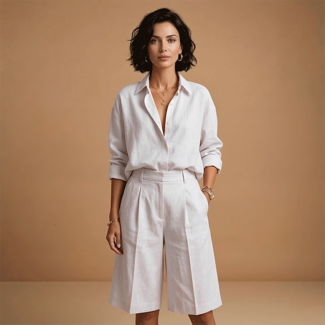 Trendy women's casual long sleeve shirt & high waist shorts, a comfortable two-piece set for your next trip.