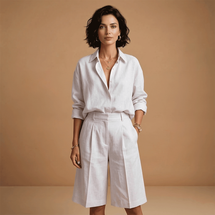 Trendy women's casual long sleeve shirt & high waist shorts, a comfortable two-piece set for your next trip.