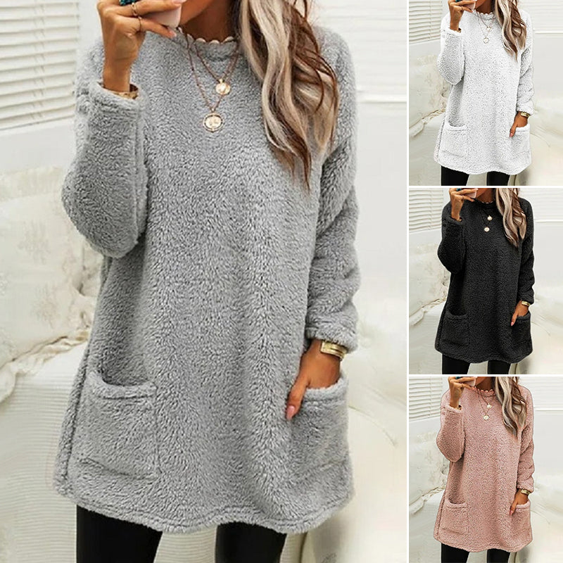 Women's casual long sleeve t-shirt dress, black, with functional pockets for everyday wear