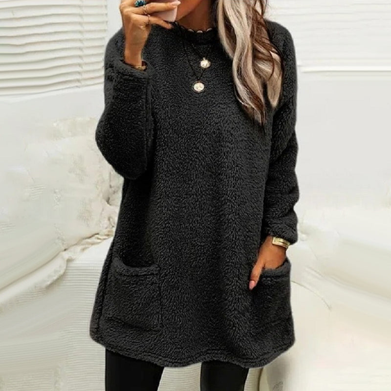 Midi-length black plush t-shirt dress for women with long sleeves, offering cozy comfort