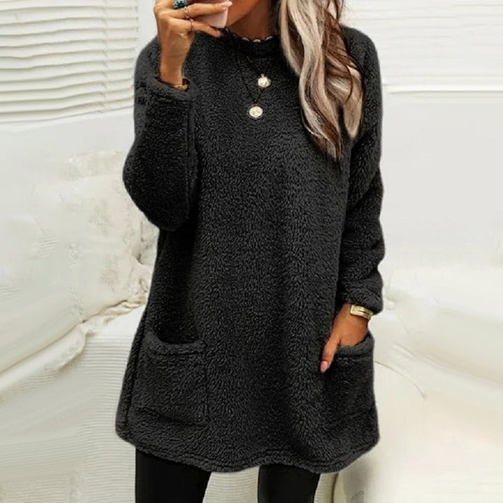 Midi-length black plush t-shirt dress for women with long sleeves, offering cozy comfort
