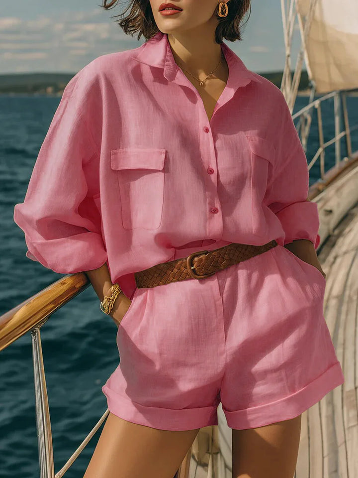 Women's casual long sleeve top & matching shorts set. Perfect breathable summer beach wear & resort loungewear.