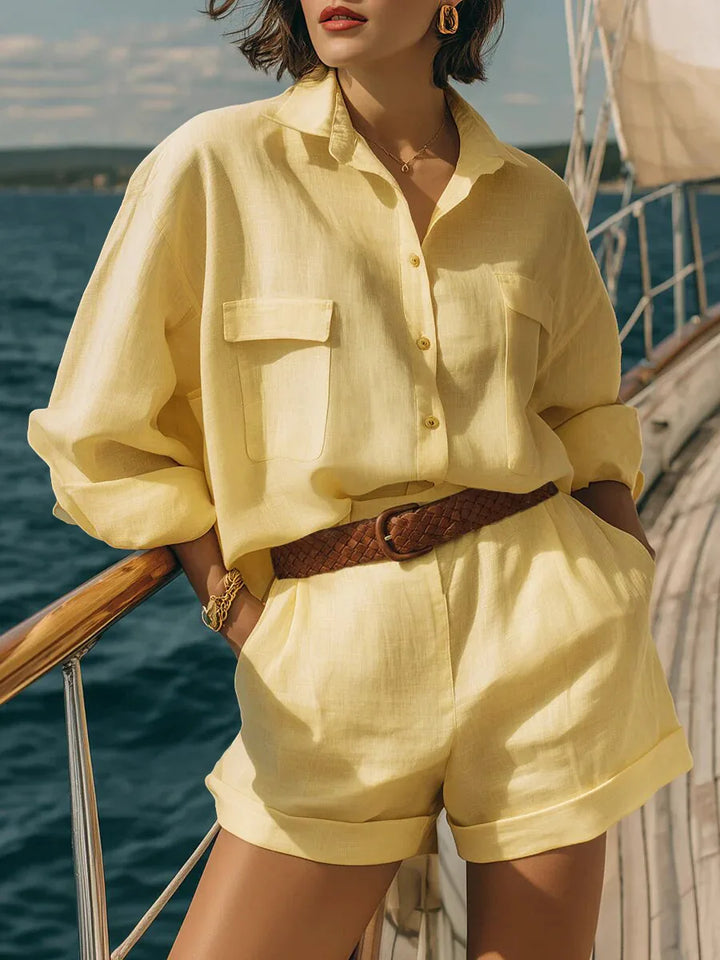 Breathable women's casual matching set: long sleeve top and shorts. Ideal for summer, beach, and everyday lounging.