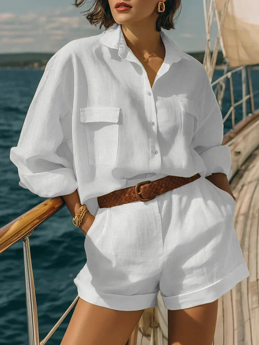 Women's summer two-piece long sleeve top & shorts set. Comfortable, oversized, and lightweight beach loungewear.