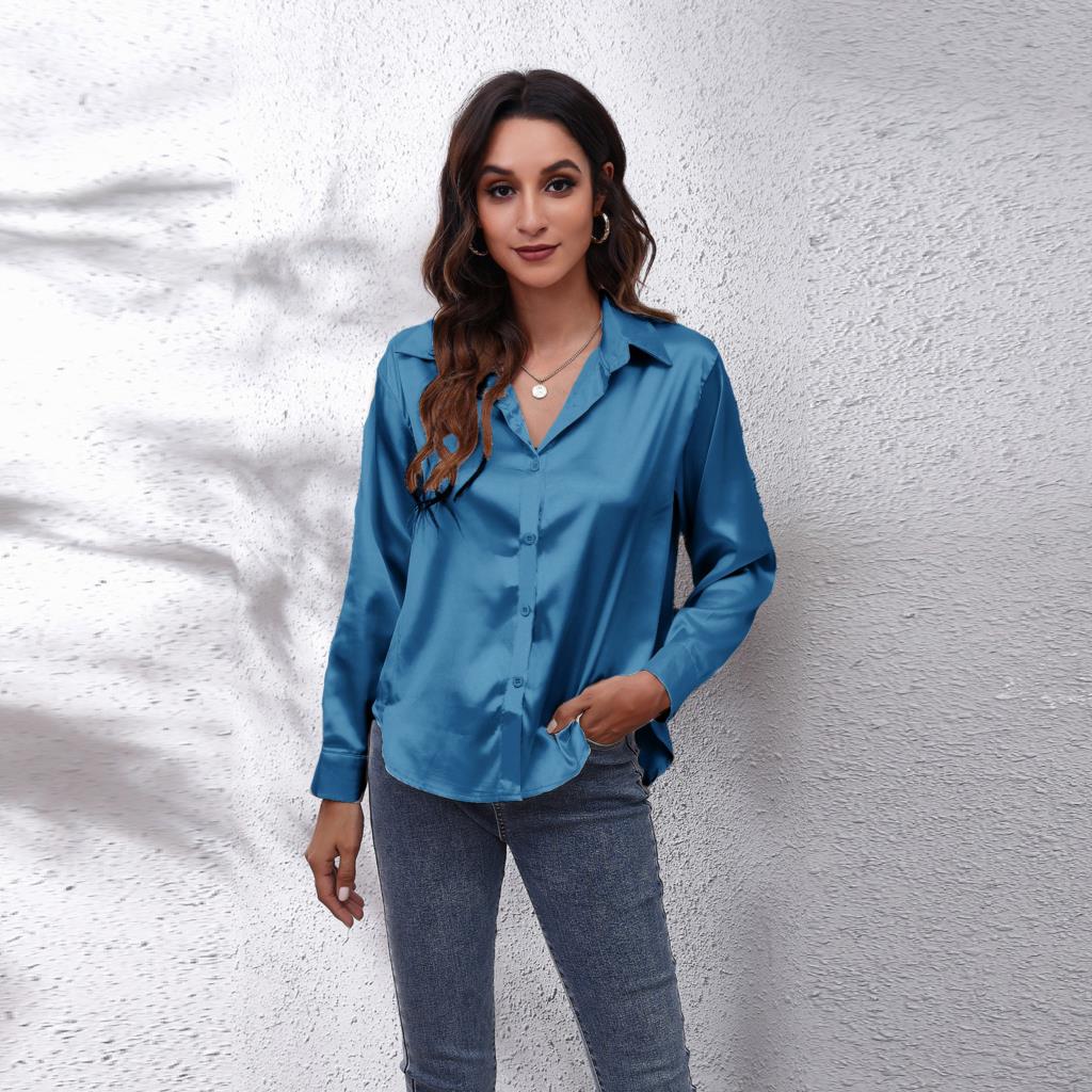 Women's casual loose fit satin button-down blouse in a classic elegant style, perfect for workwear fashion