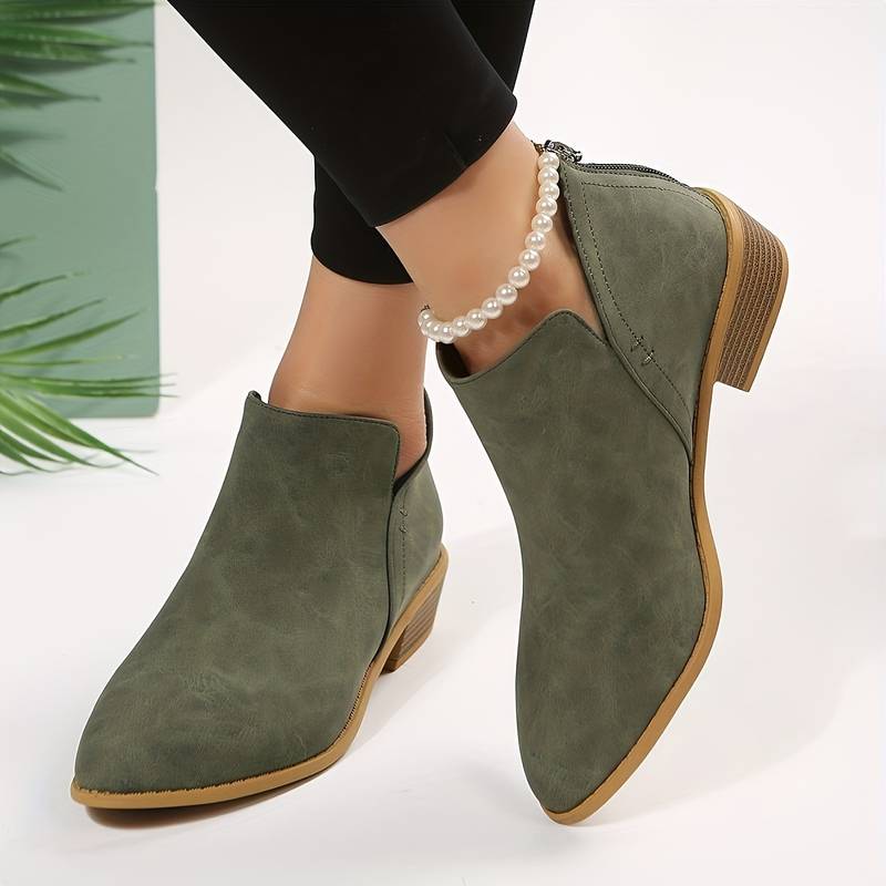 Women's casual low heel slip-on ankle boots in black for comfortable everyday wear