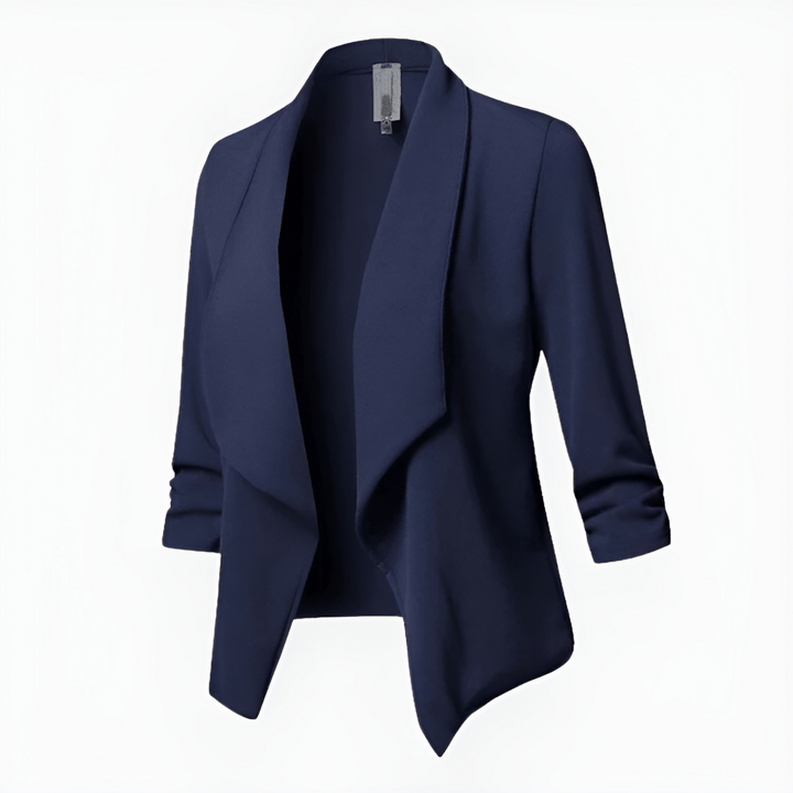 Stylish women's open front office jacket, a versatile black casual blazer for work.