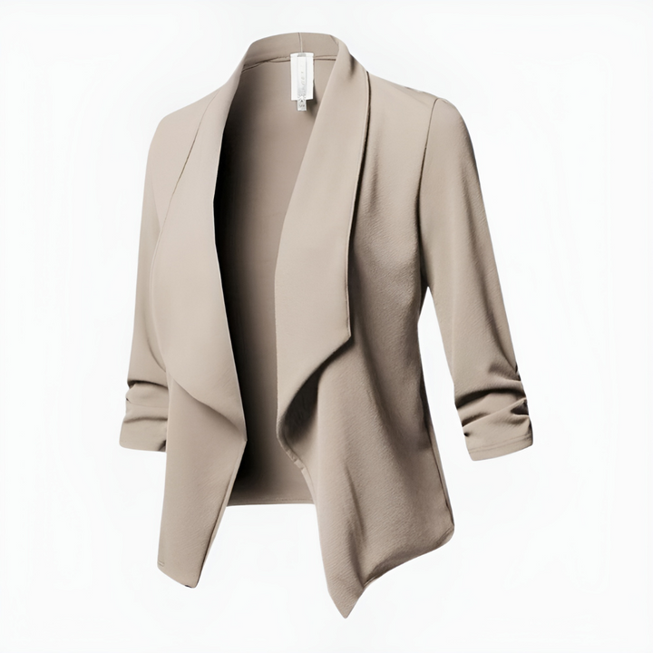 Close-up of a women's chic open front office blazer, highlighting the fabric texture.