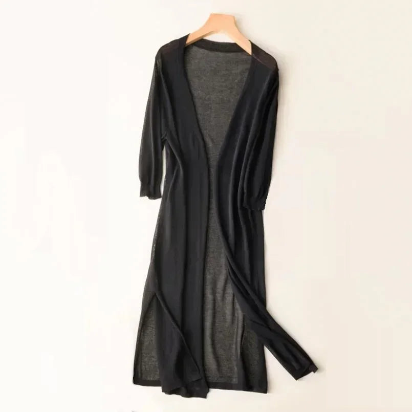 Fashionable women's open front longline cardigan, lightweight knit for comfortable, relaxed fit.