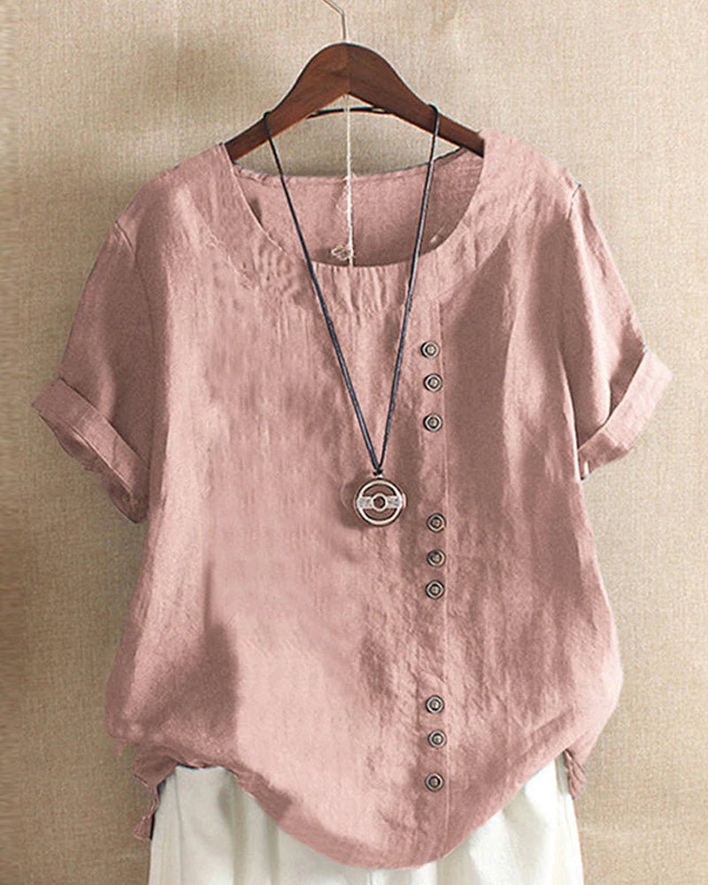 Women's casual short sleeve top with button front, crew neck, and curved hem. Perfect for spring & summer everyday wear.