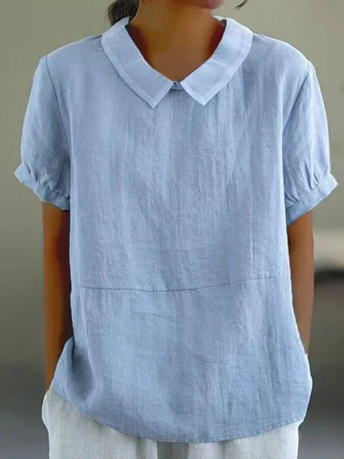 Women's casual short-sleeve top with charming Peter Pan collar. Relaxed fit for summer & spring everyday style.