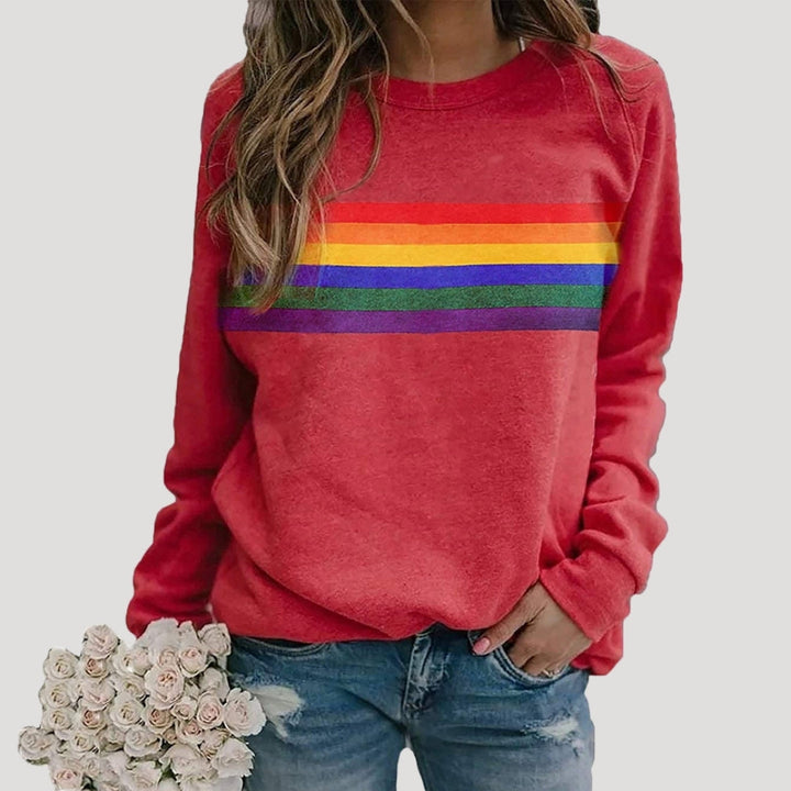 Women's casual spring sweatshirt with vibrant rainbow stripes and long sleeves, comfortable knit
