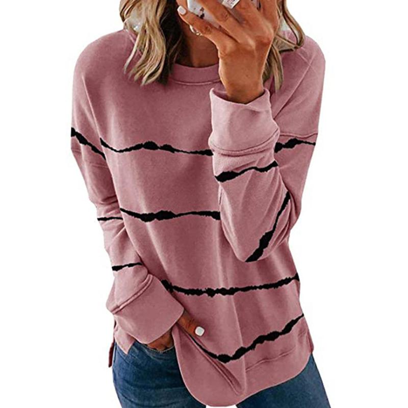 Fashionable women's striped long sleeve top with a round neck, ideal casual cotton blend sweatshirt