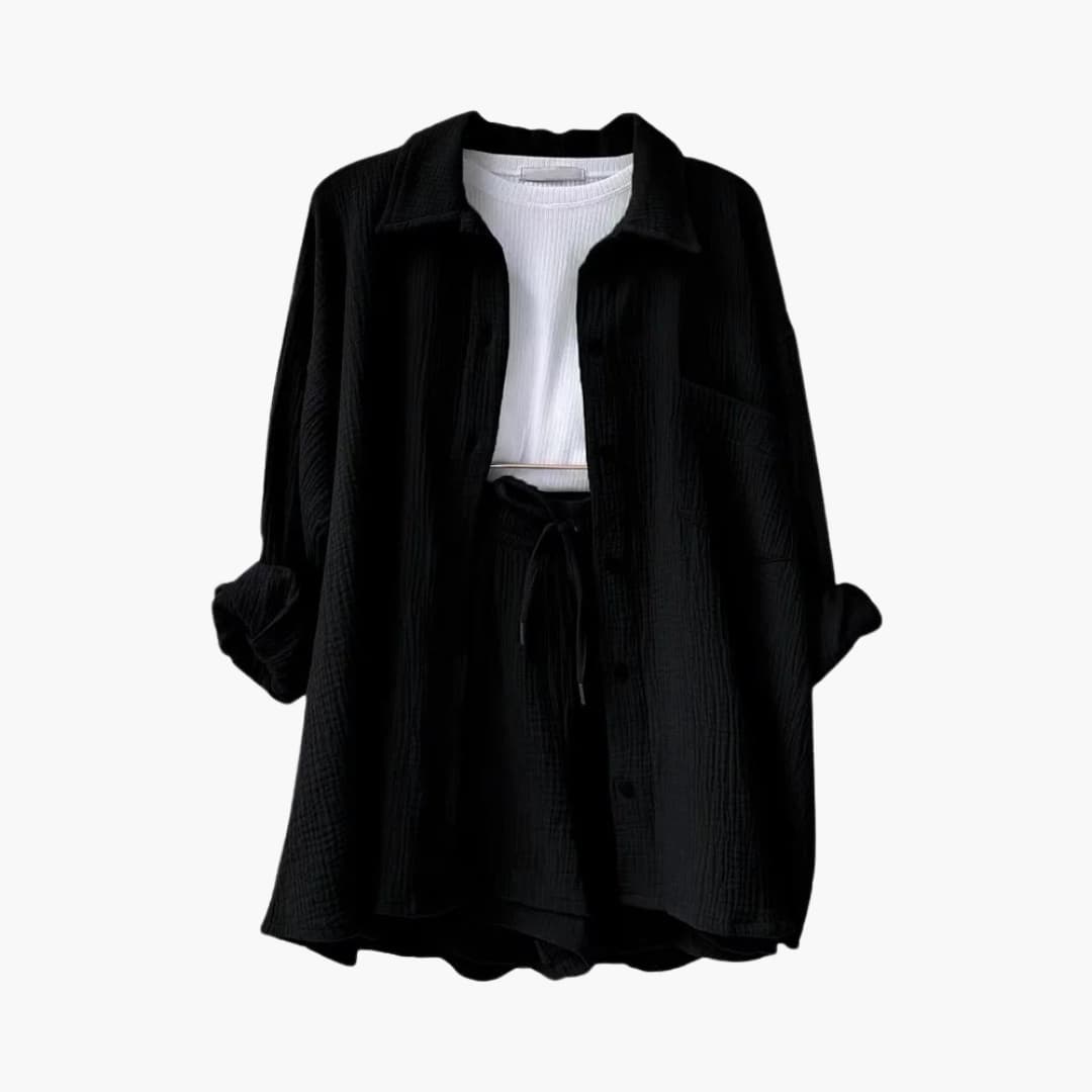 Close-up of lightweight fabric of women's casual two-piece set, soft & breathable.