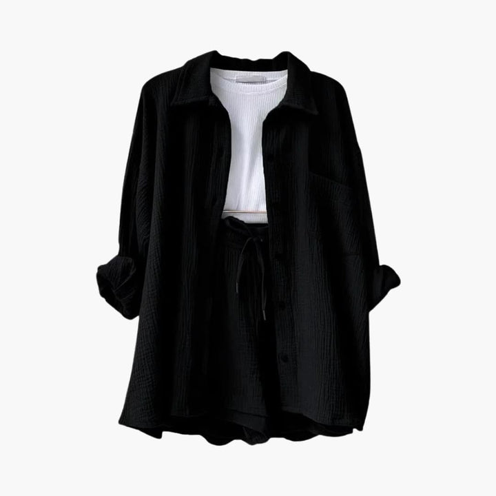 Close-up of lightweight fabric of women's casual two-piece set, soft & breathable.