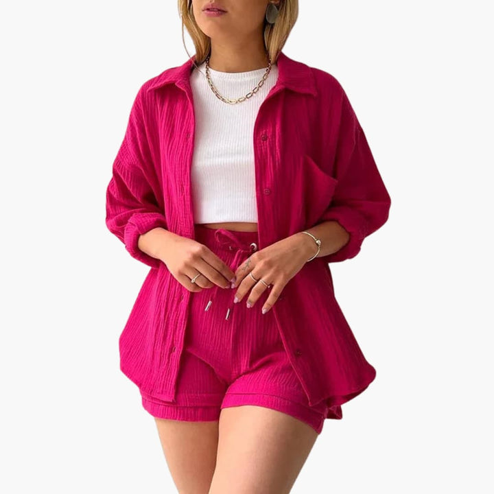 Vibrant color of women's summer two-piece matching set, stylish & comfortable.