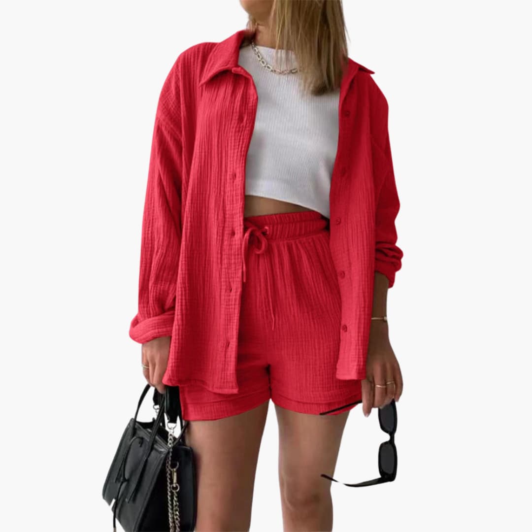 Women's casual two-piece set on hanger, lightweight & ready for summer.