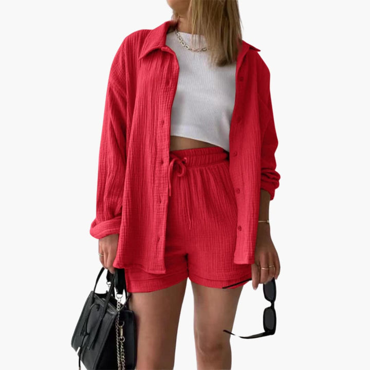 Women's casual two-piece set on hanger, lightweight & ready for summer.