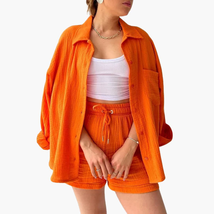 Folded lightweight women's two-piece set, perfect for casual travel.