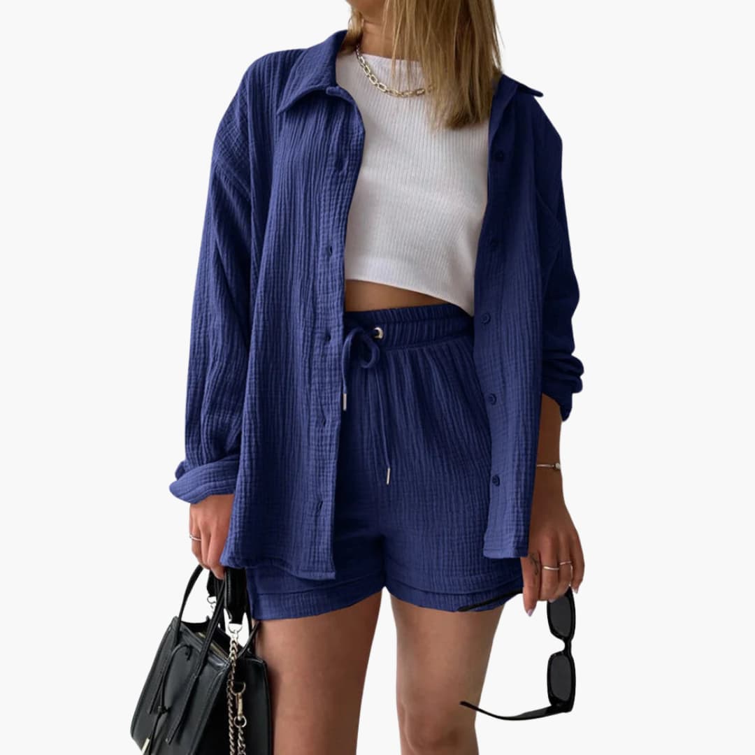 Woman lounging in comfortable two-piece set at home, perfect loungewear.