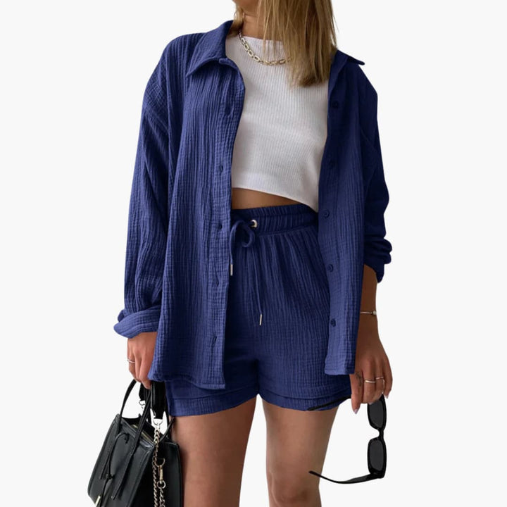 Woman lounging in comfortable two-piece set at home, perfect loungewear.