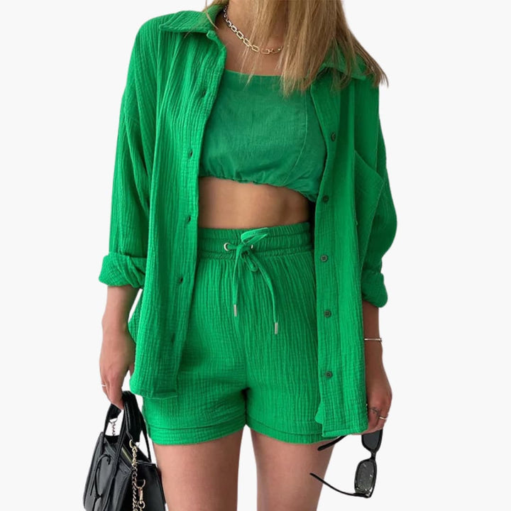 Relaxed fit top of women's casual two-piece set, lightweight & breathable.