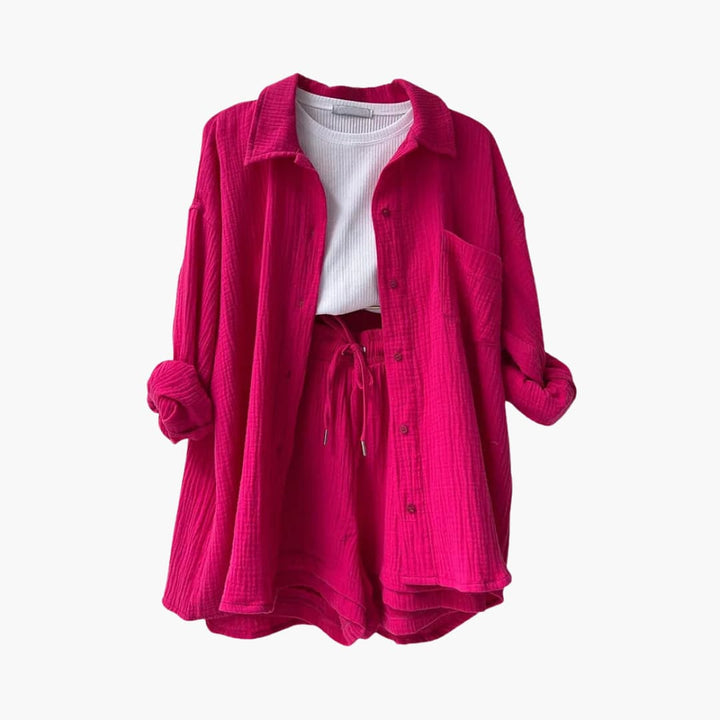 Vibrant women's summer two-piece set, lightweight and casual fit.