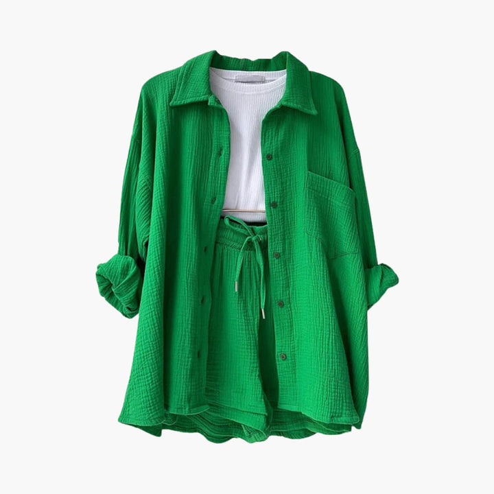 Front view of women's lightweight two-piece casual set, relaxed fit.