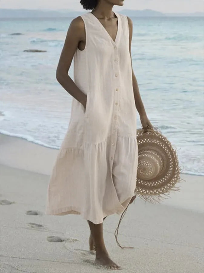 Women's V-neck button-front summer midi dress, perfect for casual wear or vacation.