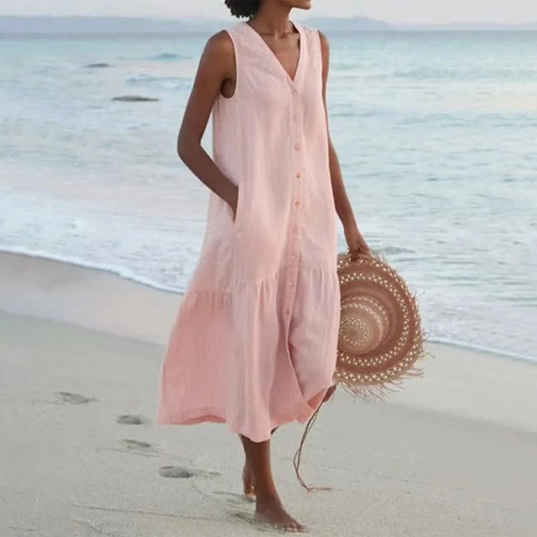 Sleeveless tiered V-neck button-front midi dress for women, ideal casual summer fashion.