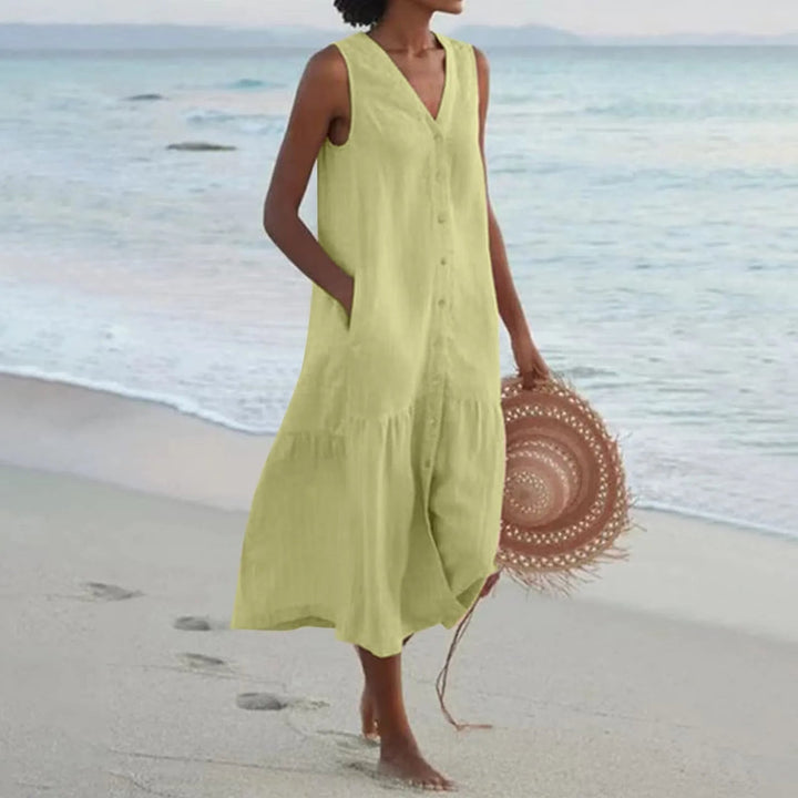 Comfortable women's V-neck button-front midi dress, stylish and casual for summer days.