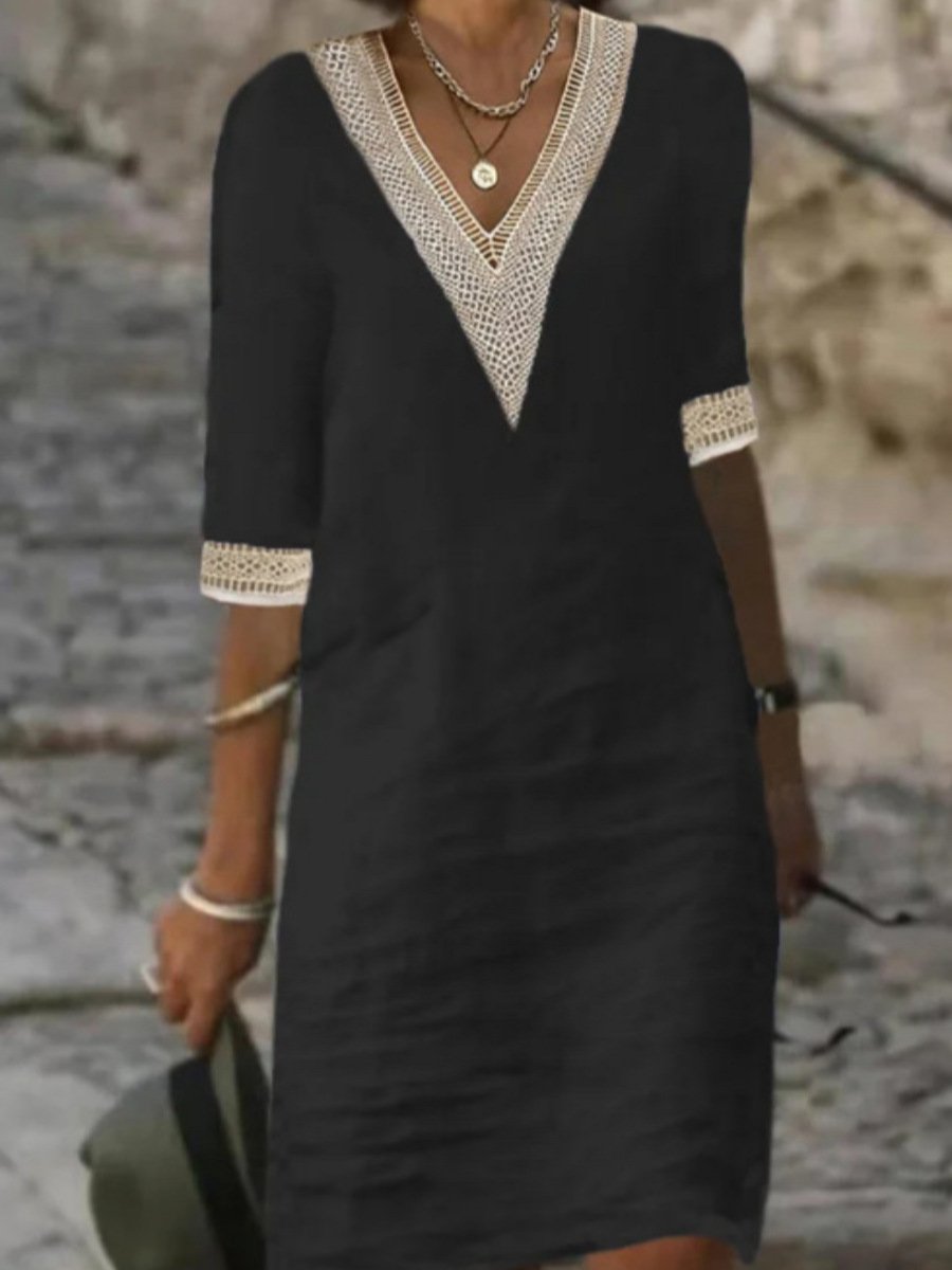 Elegant women's V-neck dress with lace trim and 3/4 sleeves. Versatile relaxed fit for casual or stylish spring outings.