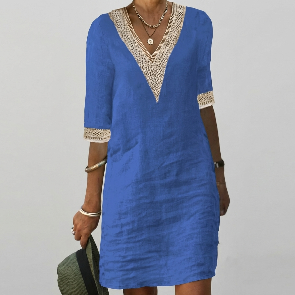 Women's casual V-neck dress with elegant lace trim, 3/4 sleeves, and a relaxed knee-length fit for summer fashion.