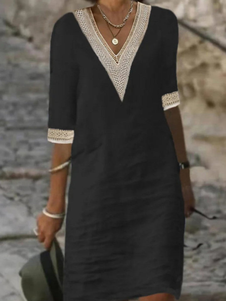 Women's casual V-neck summer dress with lace detail, 3/4 sleeves, and a relaxed knee-length fit for everyday wear.
