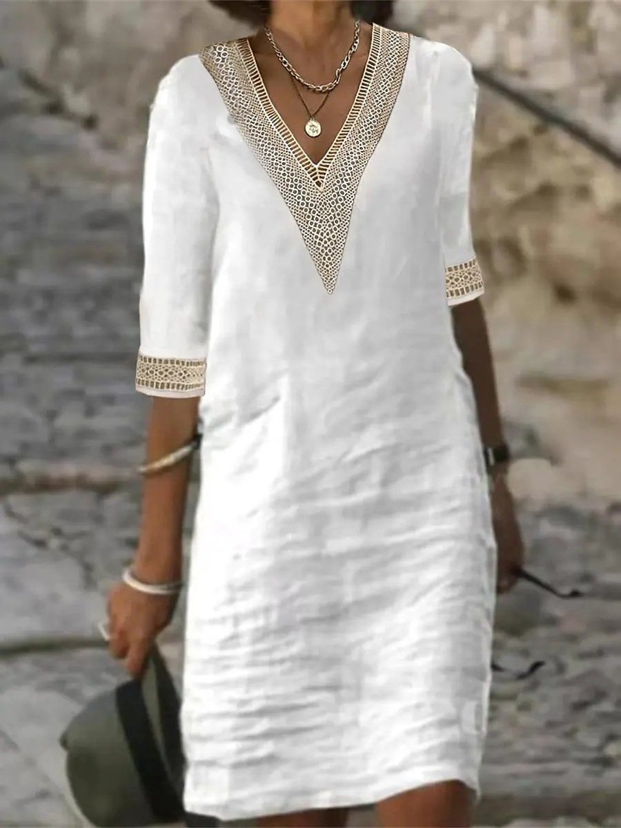 Chic women's casual V-neck dress, new arrival, with stylish lace trim & 3/4 sleeves. Ideal for spring and summer fashion.