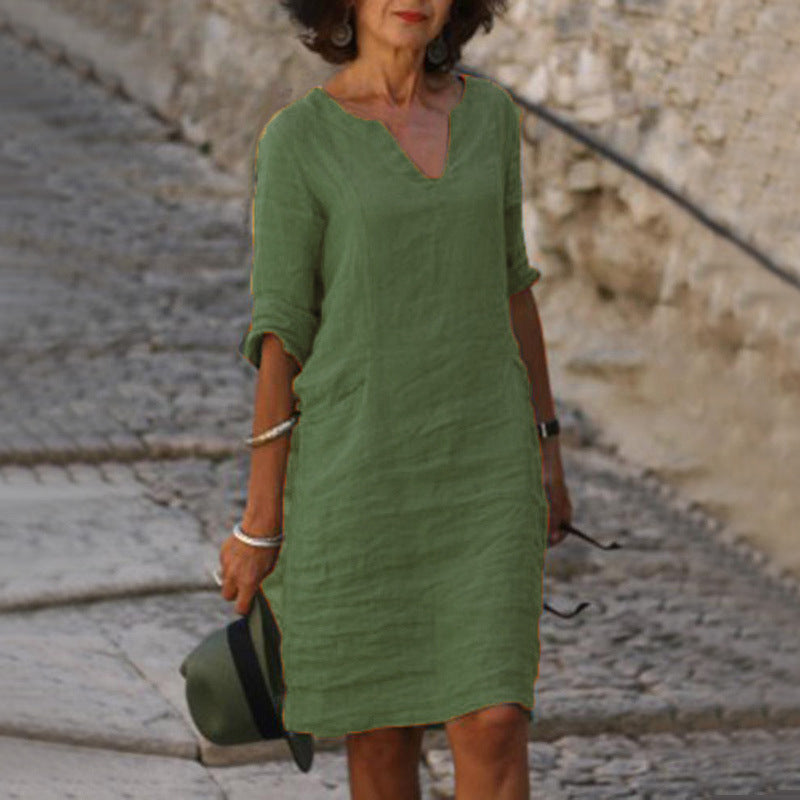 Comfortable women's flowy V-neck midi dress, 3/4 sleeve, perfect for casual wear & summer fashion.