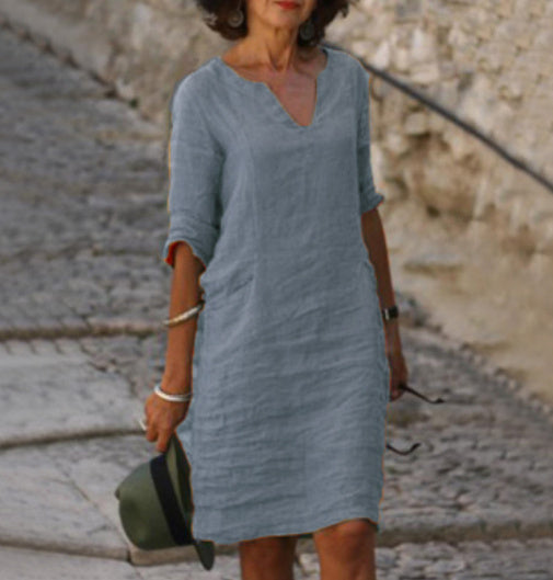 Everyday women's casual V-neck midi dress, 3/4 sleeves, comfortable & stylish for daily wear.