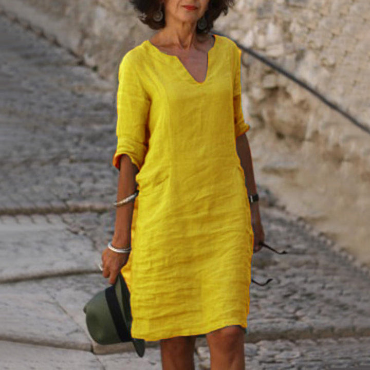 Women's flowy V-neck midi dress, 3/4 sleeve, casual & comfortable for summer vacation or everyday.