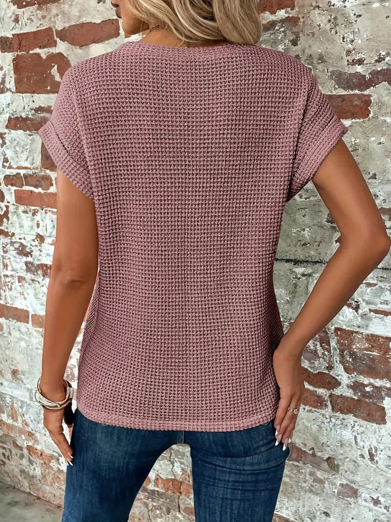 Round neck women's waffle knit short sleeve top, offering breathable comfort for daily casual outfits.