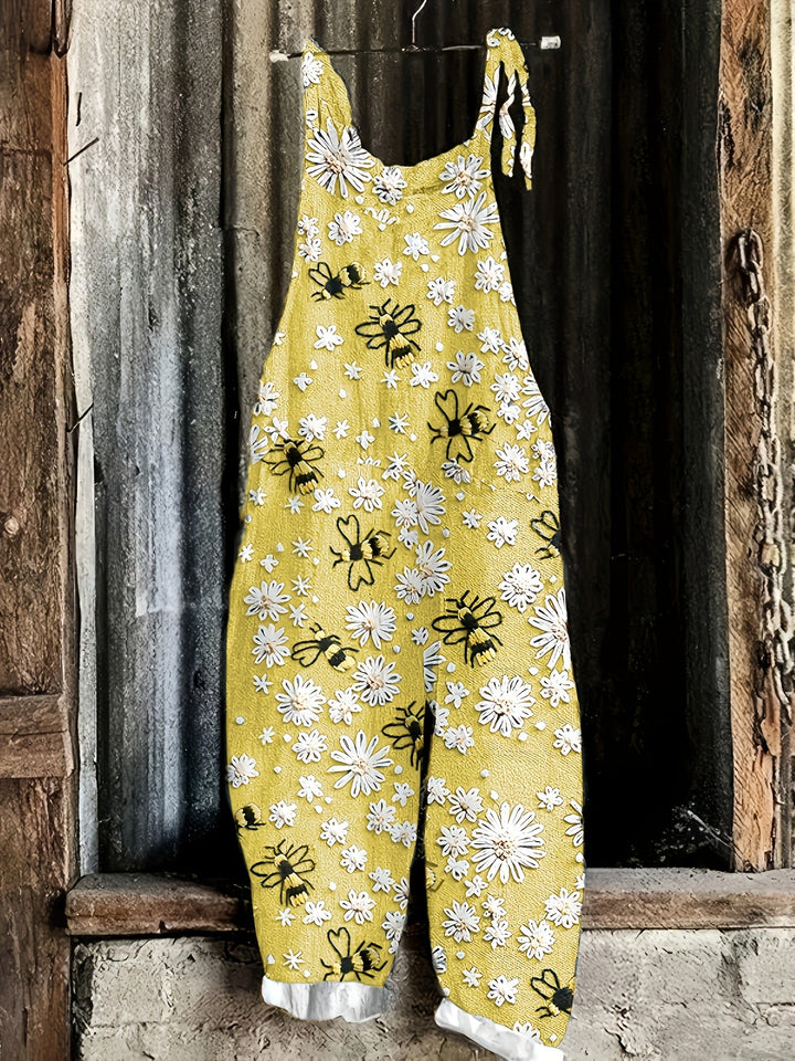 Women's wide-leg casual jumpsuit, daisy & bee print, comfortable summer garden style. Perfect for daily wear.