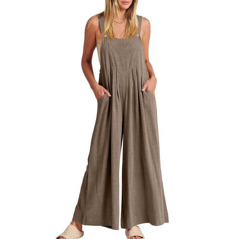Women's black sleeveless jumpsuit with wide legs, designed for ultimate comfort.