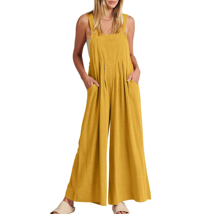 Casual black wide leg jumpsuit, women's sleeveless style, perfect for warm weather.