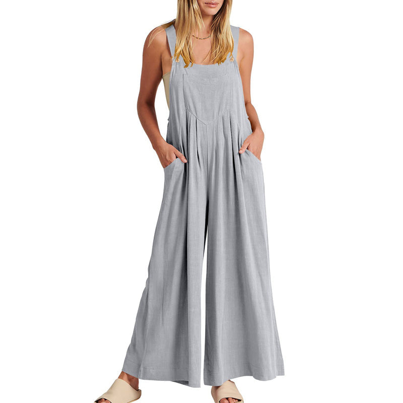 Black wide leg sleeveless jumpsuit, women's casual wear, made from soft polyester.
