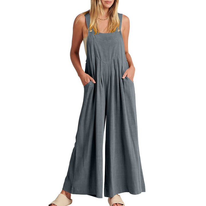 Versatile black polyester wide leg sleeveless jumpsuit for women, suitable everyday wear.