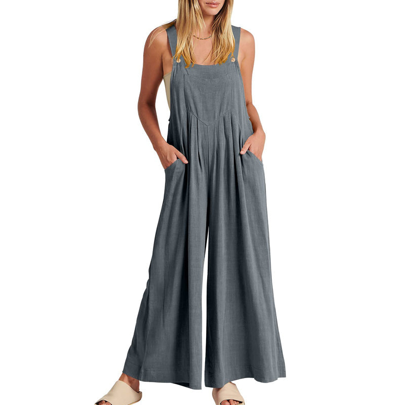 Elegant black polyester jumpsuit for women, sleeveless and wide-legged, casual style.