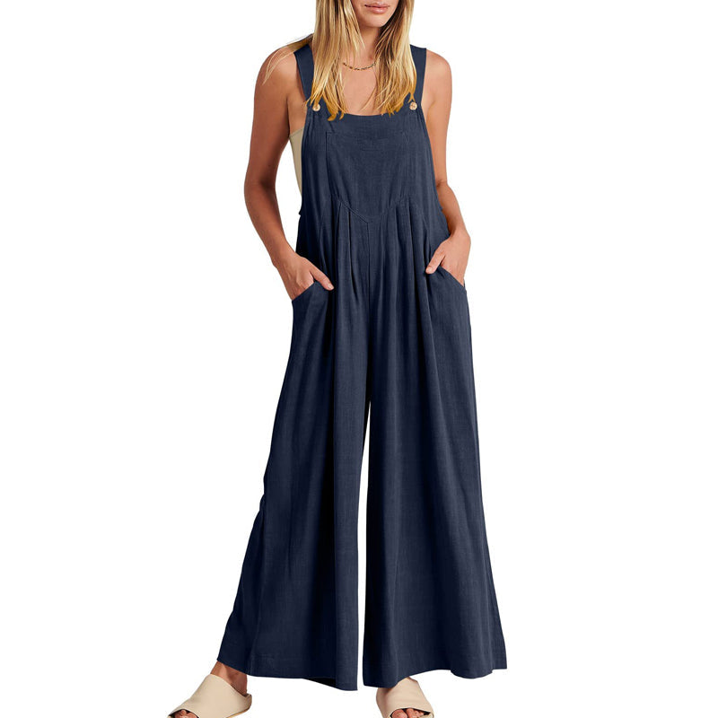 Women's casual wide leg jumpsuit, black, sleeveless, showcasing summer fashion.